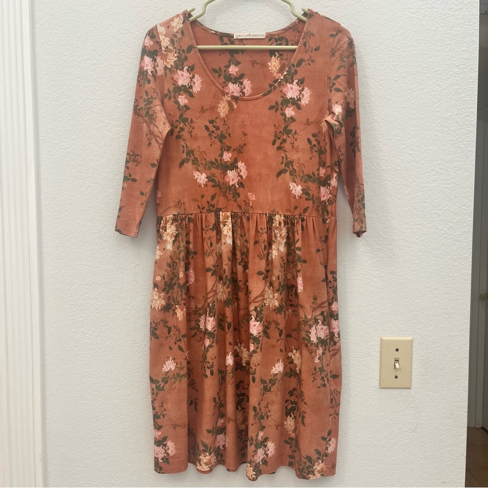 Peruvian Connection Rust Floral Midi Dress with Pink Roses